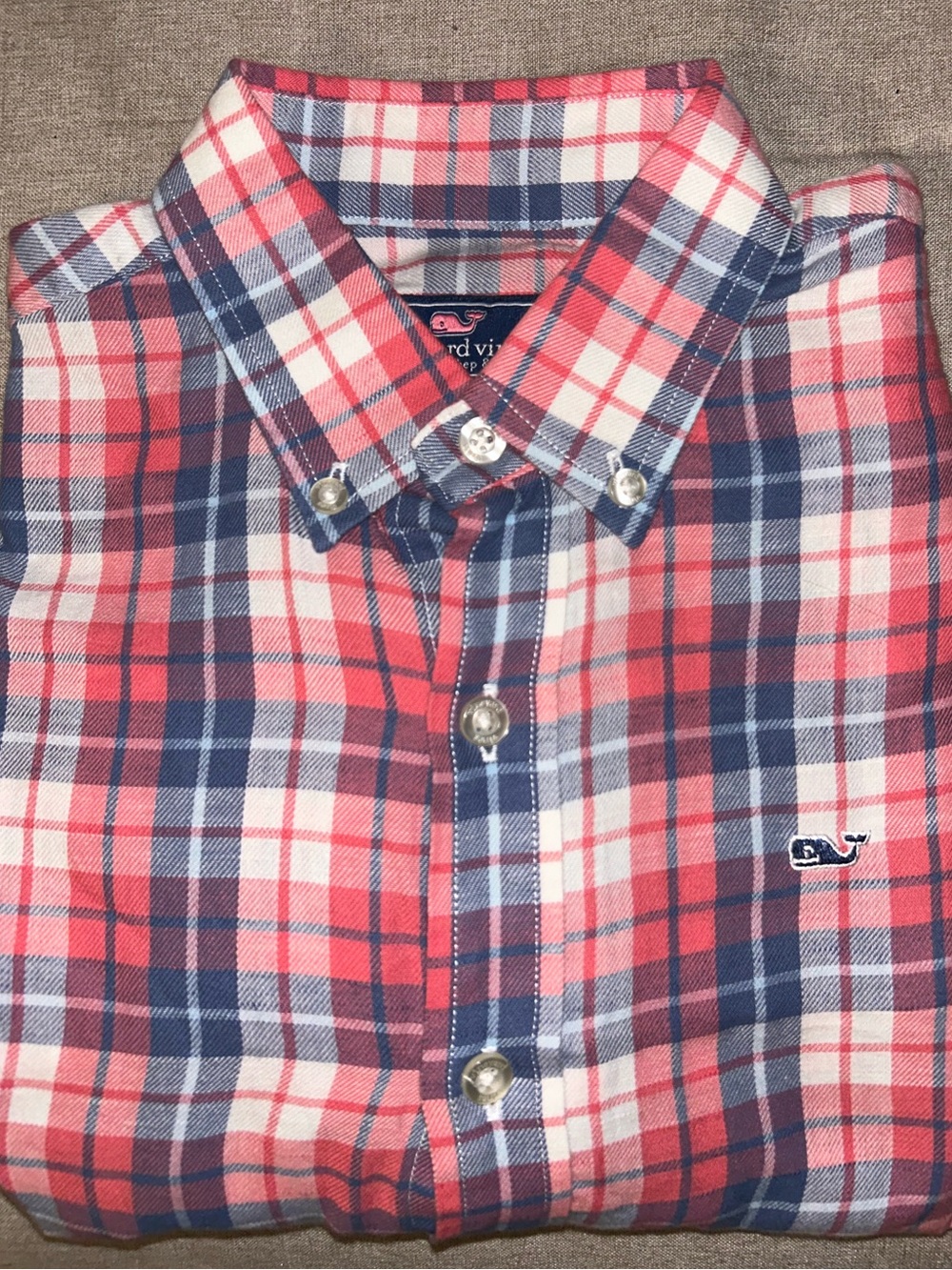 Vineyard Vines Boys Plaid Whale Shirt Button Down Long Sleeve Red Blue M 12-14